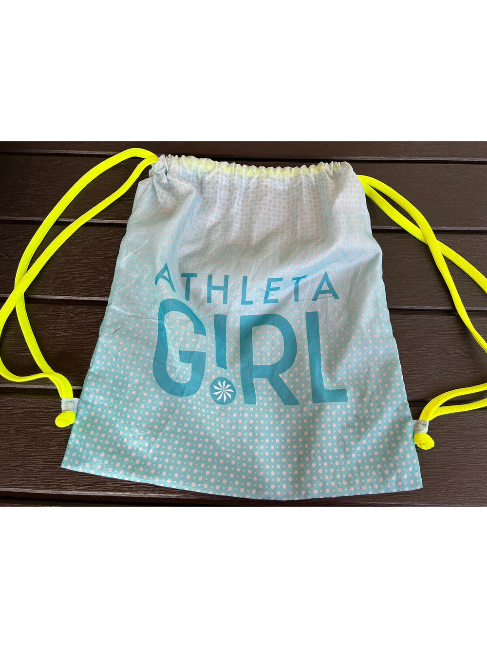 Athleta Girl Backpack Gym Bag Blue Neon Straps Cinch Draw Strings Polka Dot.